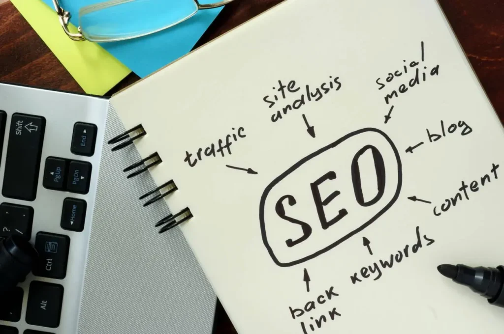 Un cuaderno de notas abierto muestra un esquema de SEO escrito a mano.
